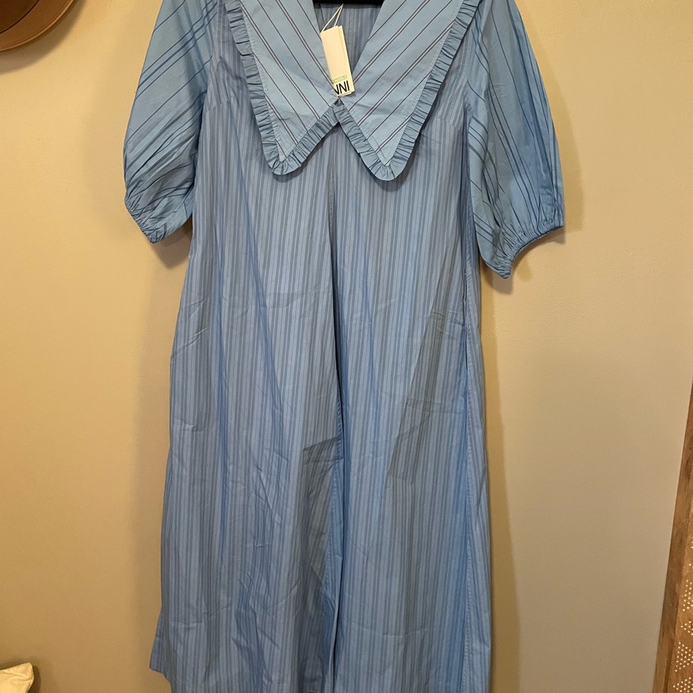 NWT Ganni Light Blue Striped Midi Dress
